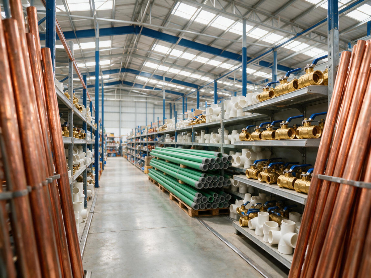 Stock de cañerías de cobre, válvulas de bronce y fittings de PVC en bodega