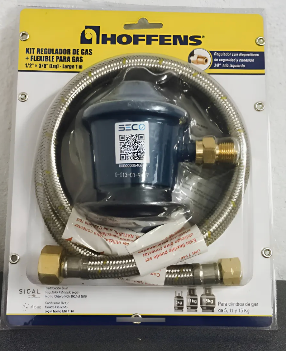 Kit Regulador de Gas Hoffens + Flexible 1/2" x 3/8" izq 1 m (con seguridad) - 1/2" X 3/8" izq