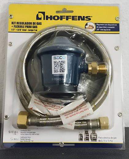 Kit Regulador de Gas Hoffens + Flexible 1/2" x 3/8" izq 1 m (con seguridad)